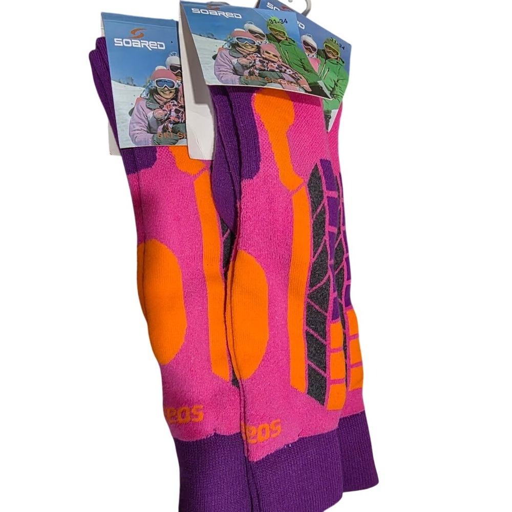 SOARED Kids Ski Socks 3 Pack Pink Purple Orange Winter Snowboard Athletic 31-34